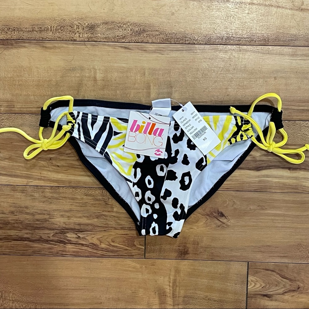 NWT Billabong Bikini Bottom Side Tie Black White Yellow XS